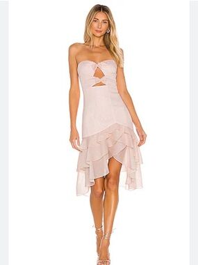 Majorelle Emilia Strapless Ruffle Midi Dress in Light Pink